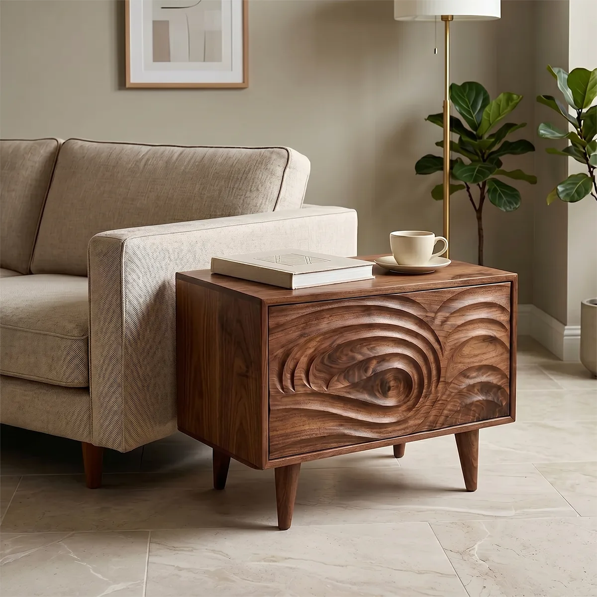 Modern Solid Wood End Table with Storage | Mid Century Nightstand with Carved Drawer TH003-2138
