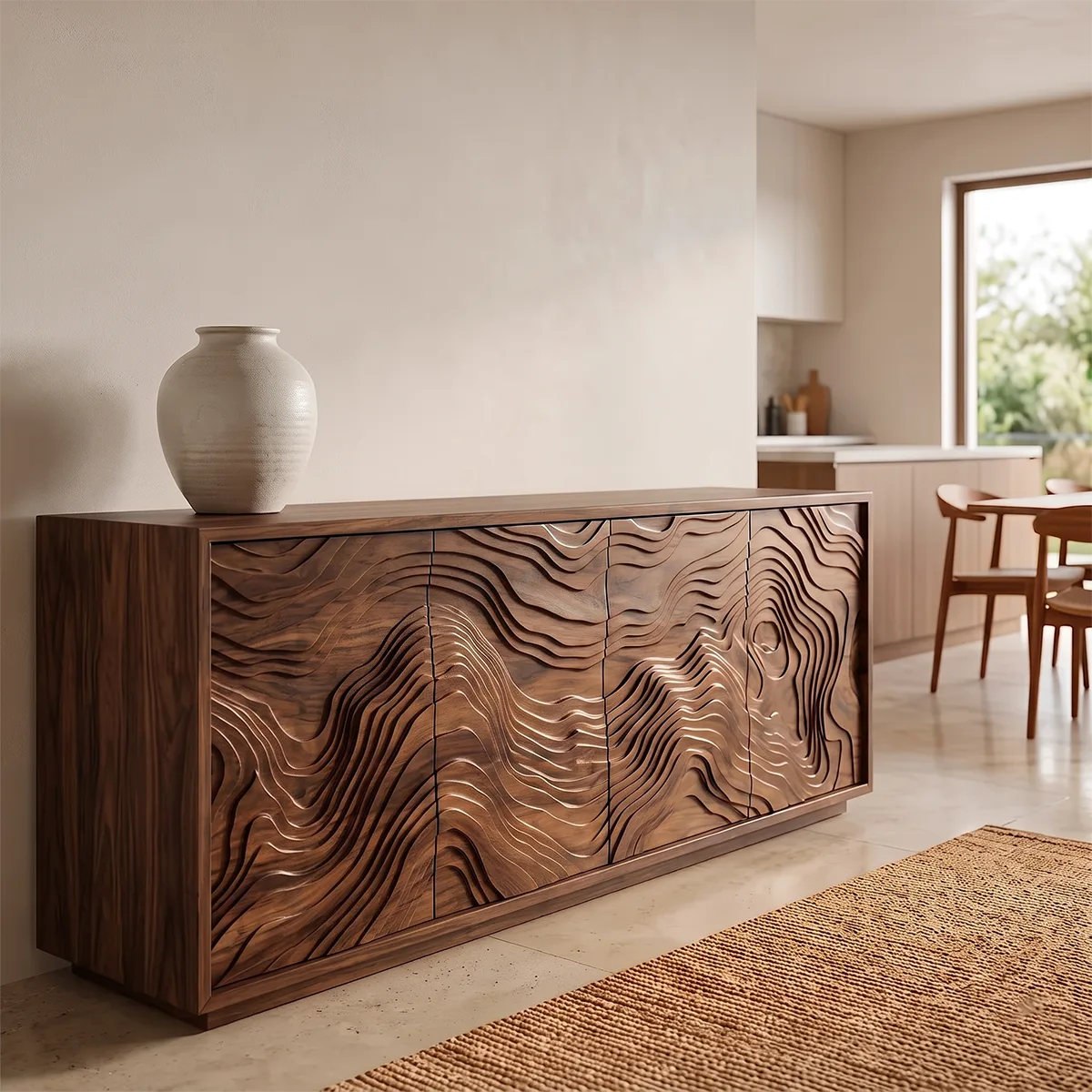 Topographic Carved Solid Wood Sideboard | Organic Modern Buffet Cabinet for Dining & Living Room TH003-9201
