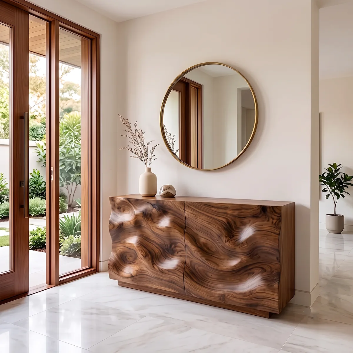 Modern Storage Console Table with Sculptural Wave Doors – Contemporary Entryway Table TH003-6526
