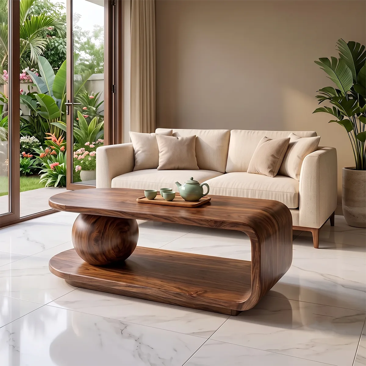 Modern Coffee Table with Shelf | Sculptural Wood Coffee Table for Living Room TH003-2792
