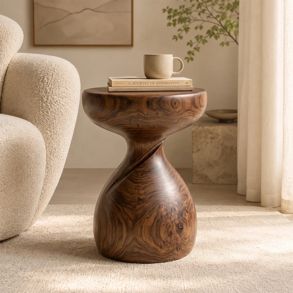 Sculptural Twist Wood End Table | Round Curved Pedestal Side Table TT006-4LXI5HY