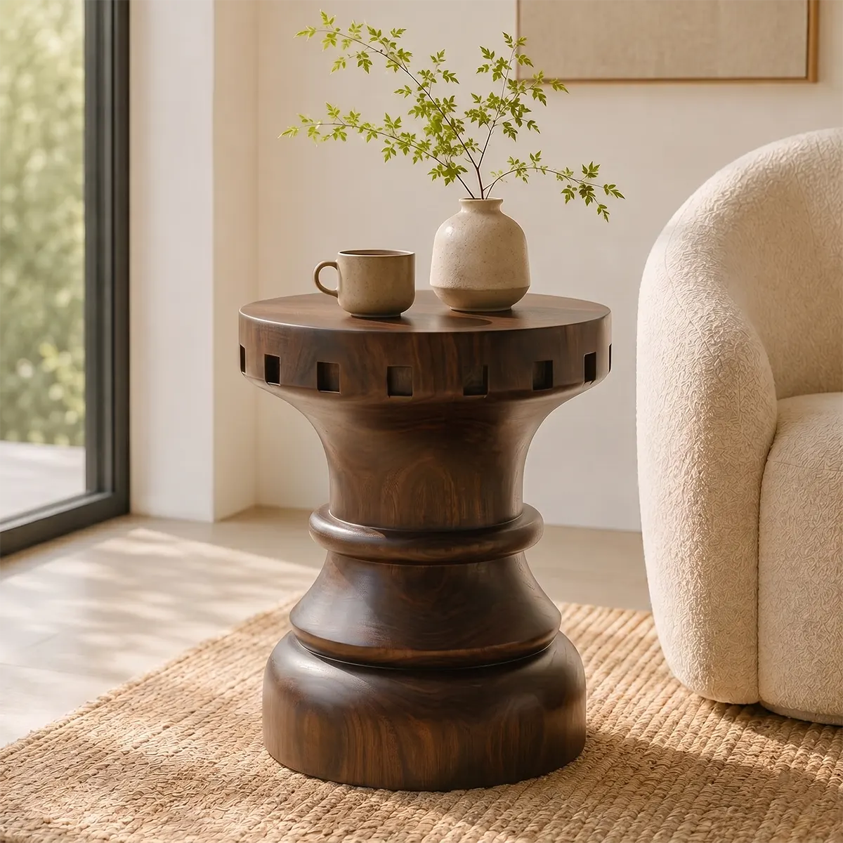 Sculptural Square Notch Wood End Table | Round Turned Pedestal Side Table TT006-7CML8BQ