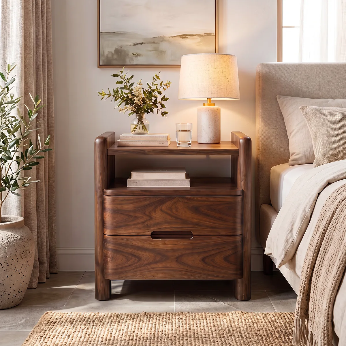 Modern 2-Drawer Nightstand with Open Shelf | Rounded Bedside Table with Recessed Handles HG021-8JCL2CB