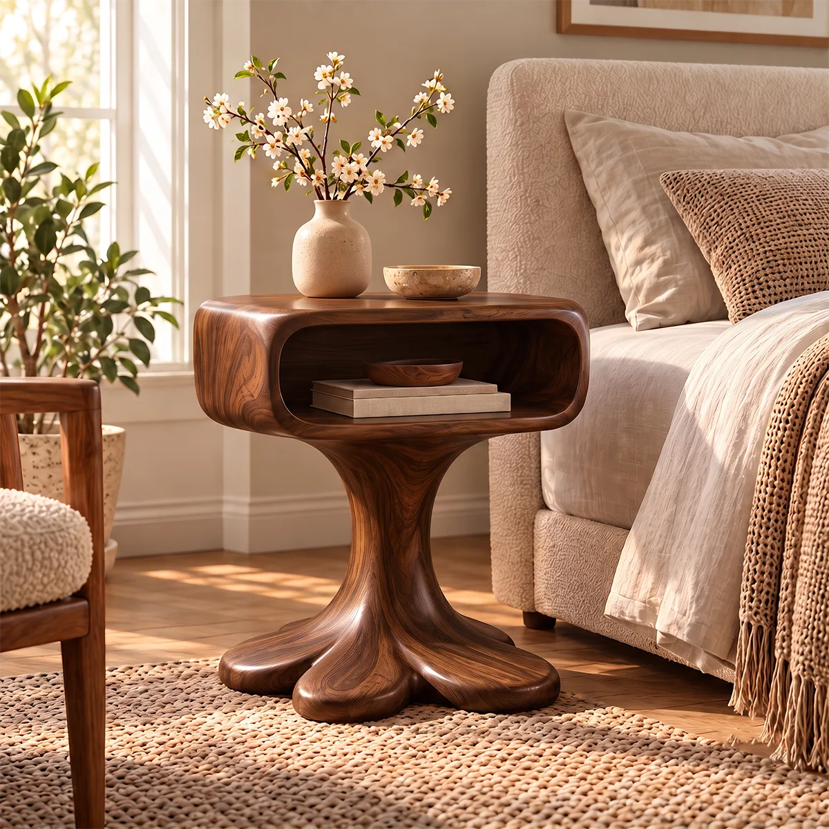 Sculptural Pedestal Nightstand with Open Shelf | Organic Modern Bedside Table HG021-9PAX4MM