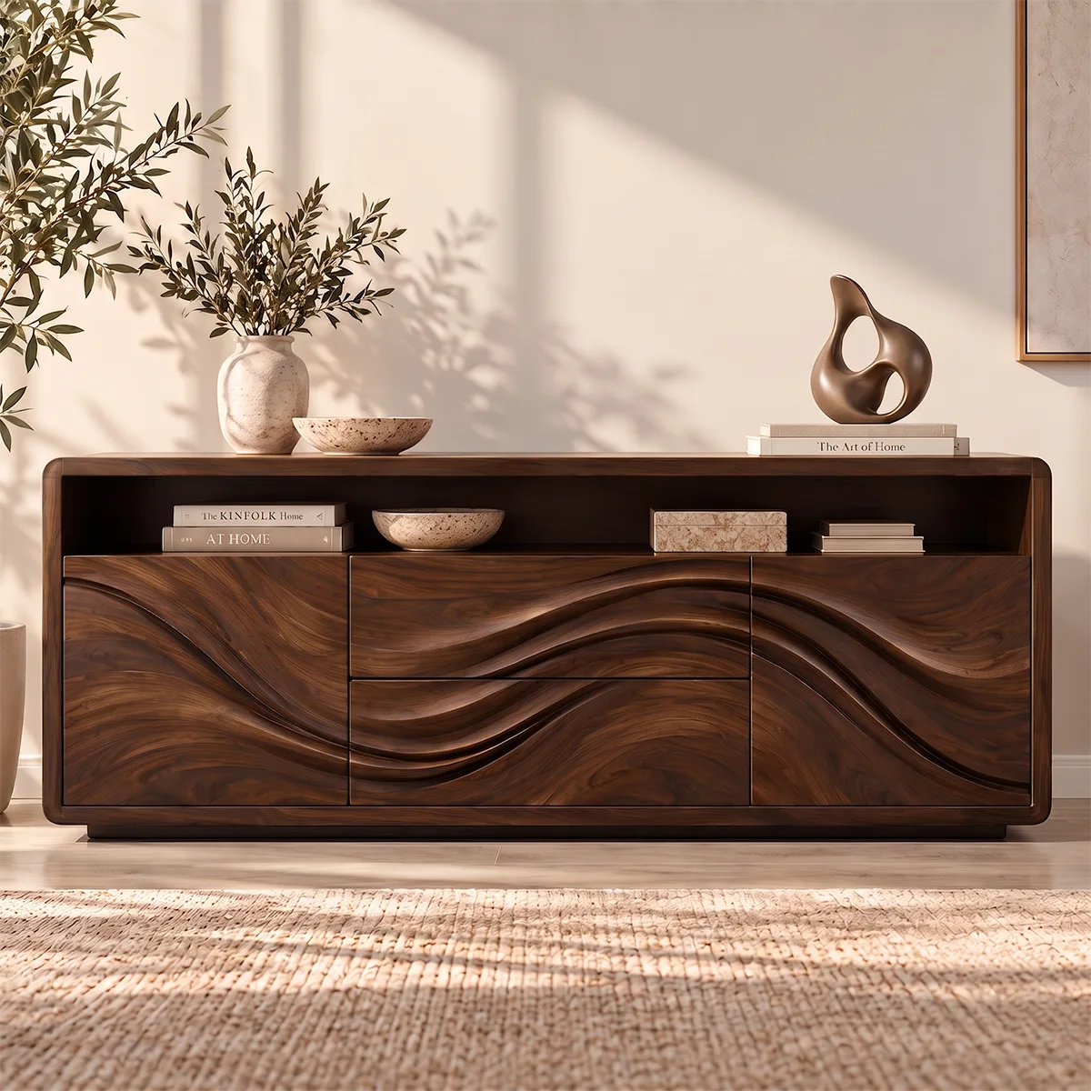 Sculptural Wave Sideboard with 2 Drawers, 2 Cabinets and Open Shelf | Modern Storage Cabinet HG021-9WUN9IL