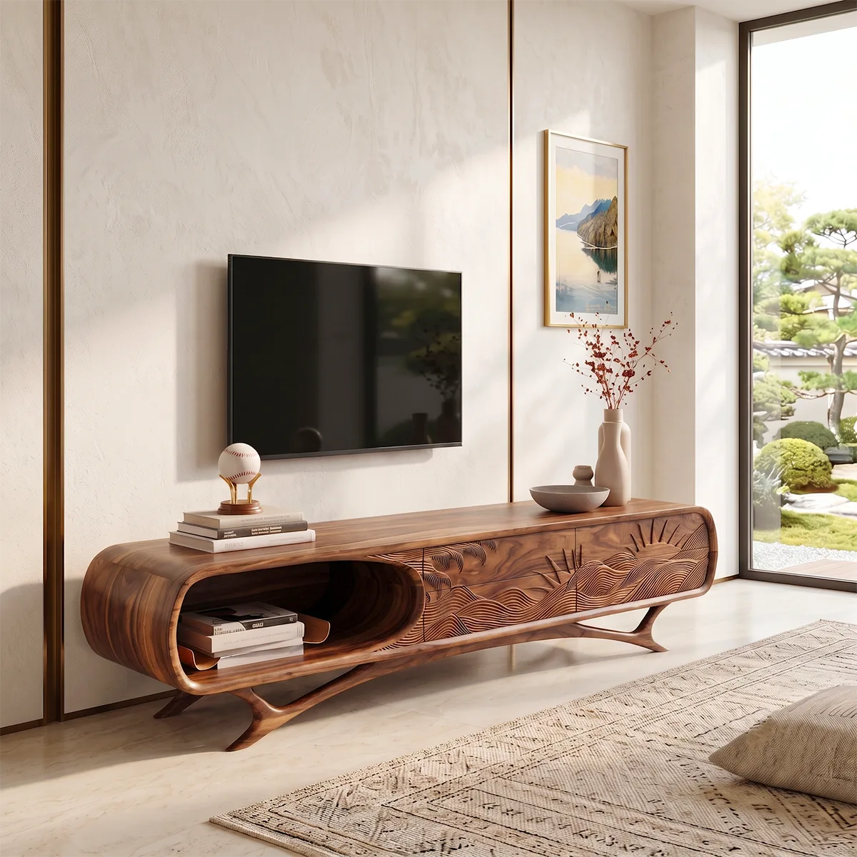 Sunrise Landscape Carved Wood TV Stand with Curved Frame | Sculptural Media Console HG021-2WSZ4IX