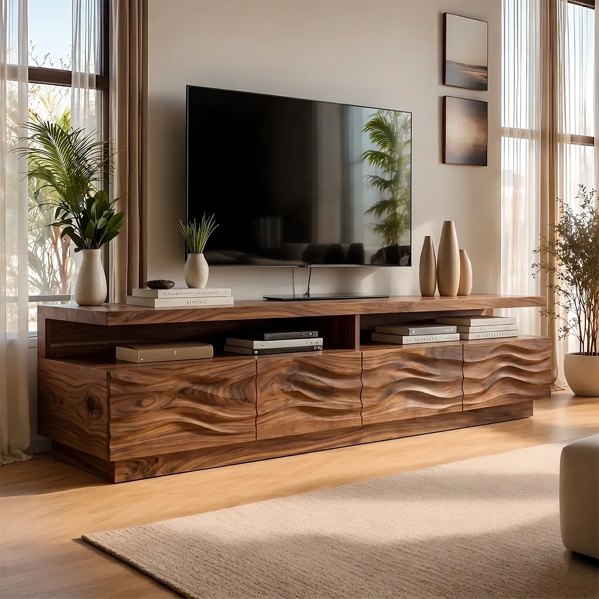 Wave Front TV Console with Open Shelves and 4 Drawers