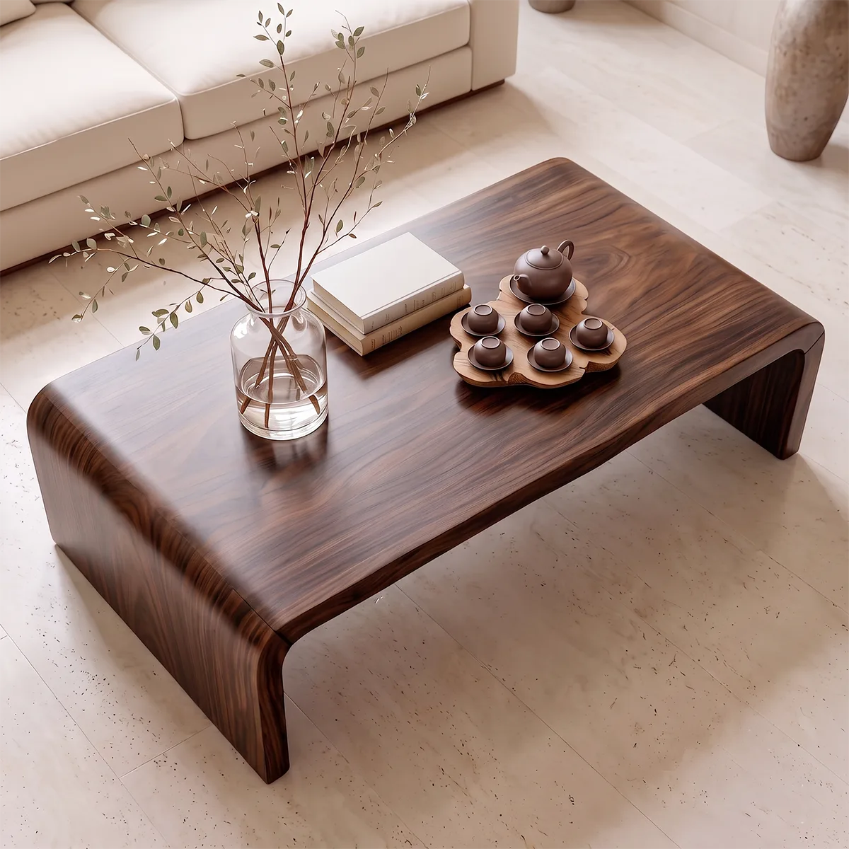 Modern Waterfall Coffee Table with Rounded Corners | Low Profile Center Table HG021-3PQS7ZO