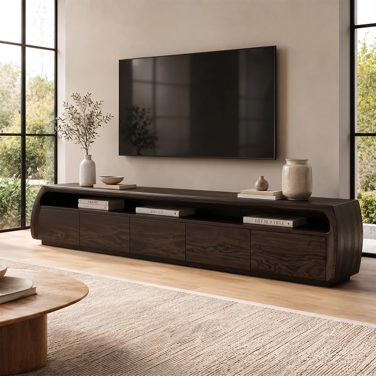 Modern TV Stand with 5 Enclosed Storage Compartments & Open Shelf | Curved Media Console TT006-2HKN9KV