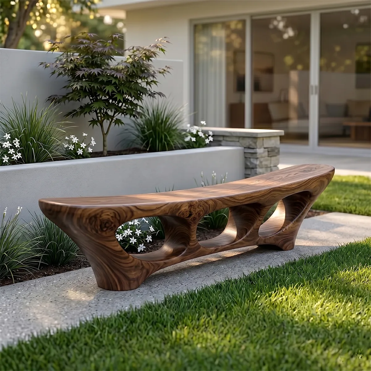Organic Modern Outdoor Bench, Sculptural Hollow Form Garden Seating TH003-9028