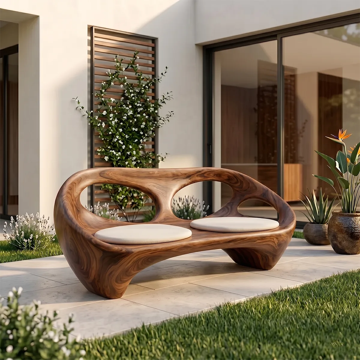 Organic Modern Outdoor Bench, Sculptural Curved Garden Loveseat Seating TH003-1399