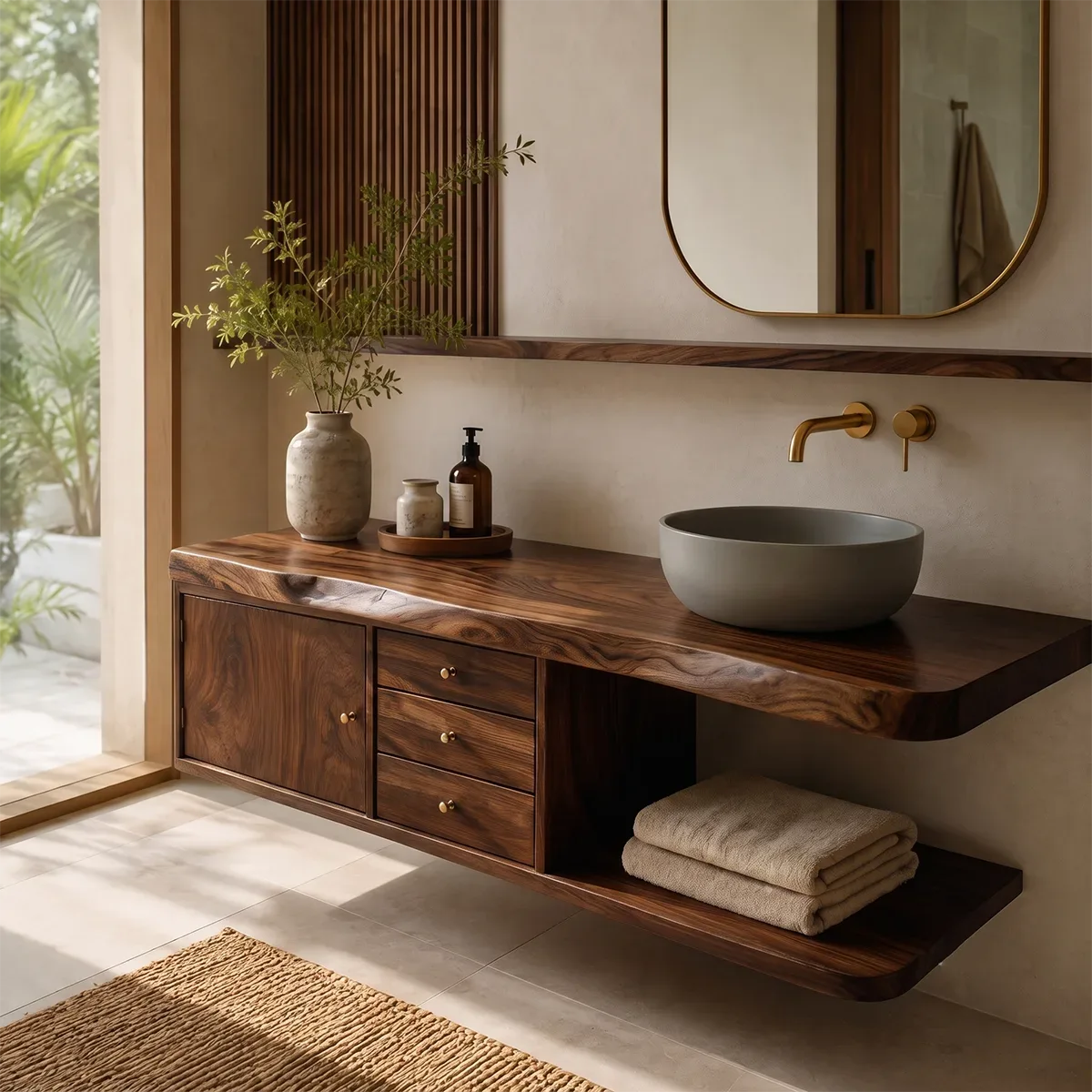 Floating Bathroom Vanity with 3 Drawers & Open Shelf | Modern Organic Design TT006-1XDO9BG