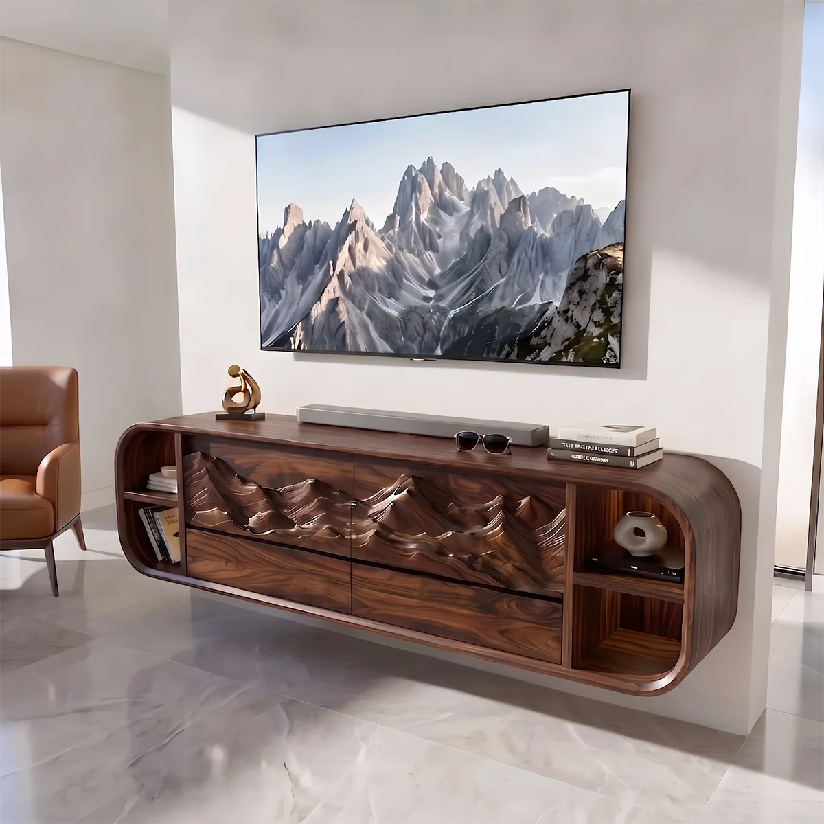 Mountain Relief TV Stand with Rounded Frame and Floating Storage HG021-1LGE7WE