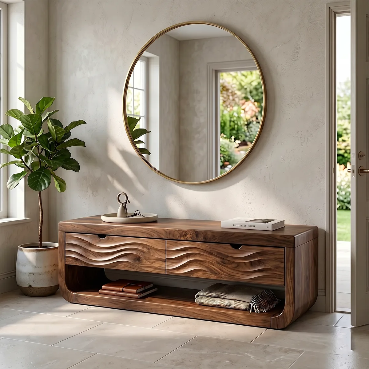 Contemporary Console Bench with Sculpted Wave Drawer Fronts TH003-7011