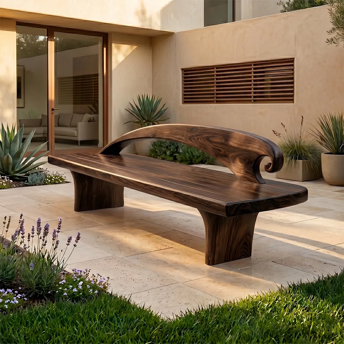 Curved Crest Back Garden Bench, Sculptural Wooden Outdoor Seating TH003-2509