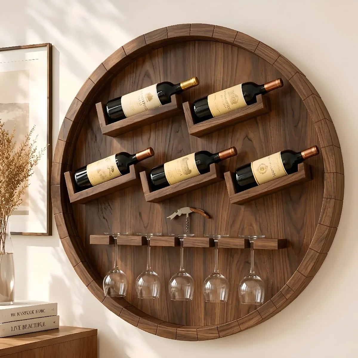 Round Solid Wood Wall Wine Rack with Glass Holder HG021-3468