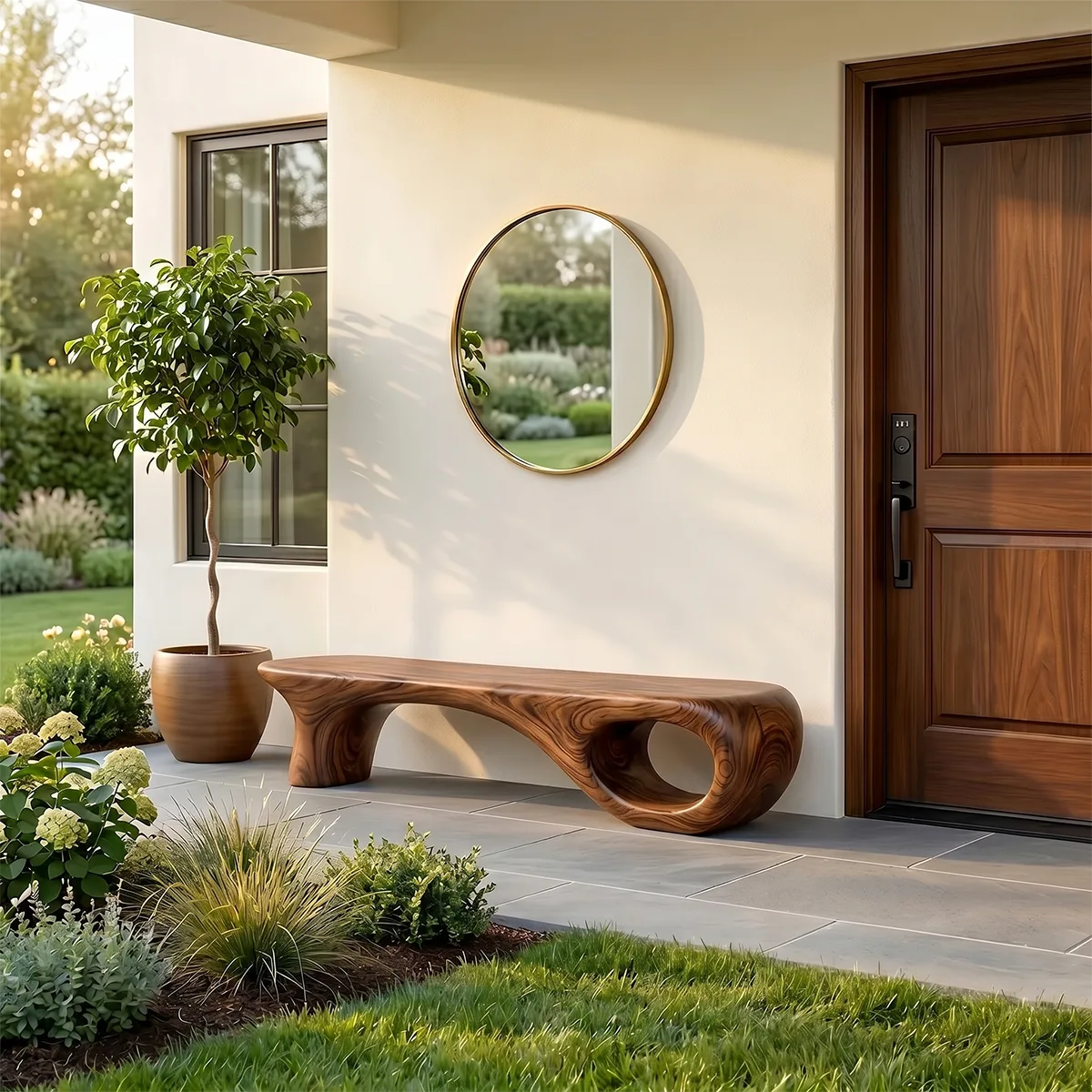 Handcrafted Organic Wood Bench with Sculptural Hollow Base TH003-2154