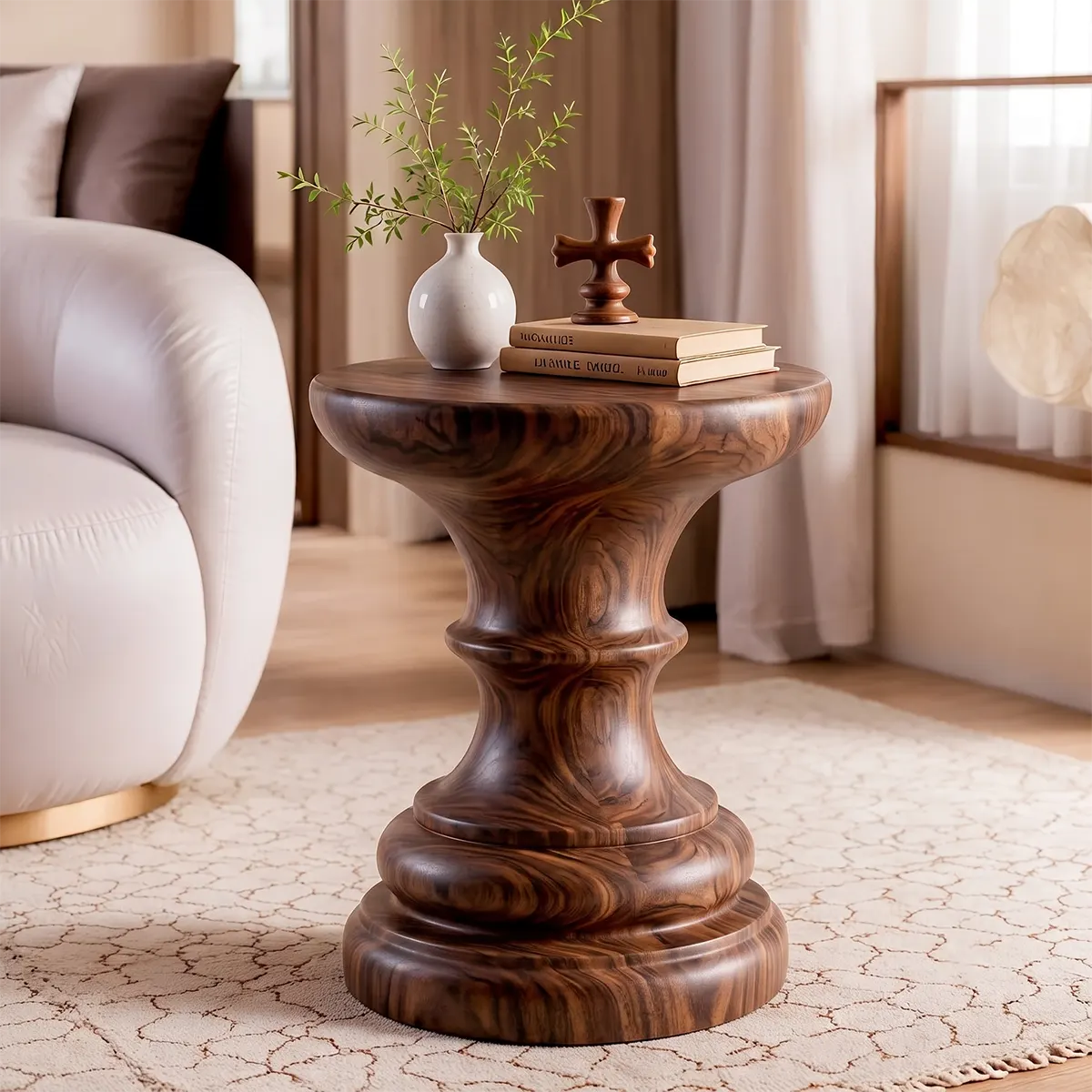 Sculptural Turned Wood Pedestal End Table | Round Statement Side Table TT006-1IPZ4IE