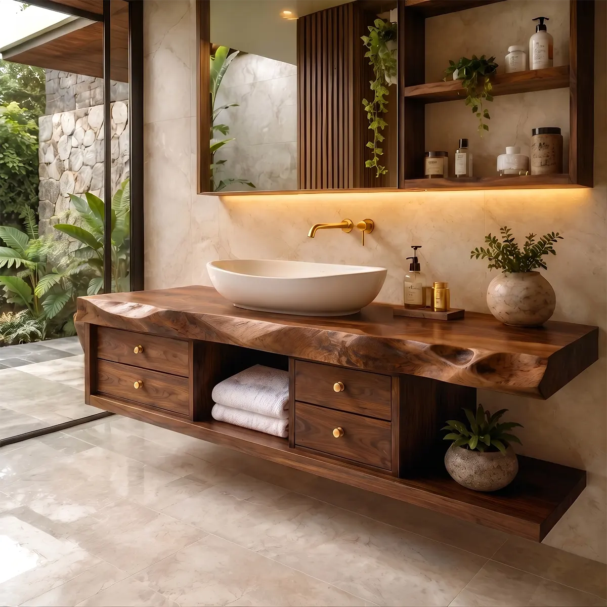 Live Edge Floating Bathroom Vanity | Wood Vanity with Drawers & Open Storage TT006-4VIS1BS