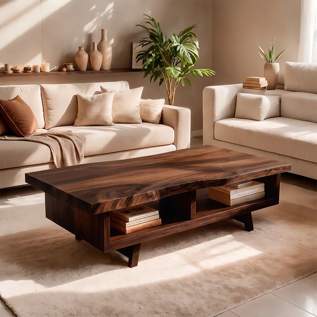 Rectangular Coffee Table with 2 Open Storage Compartments | Modern Low Profile Living Room Table TT006-6VAH6VV