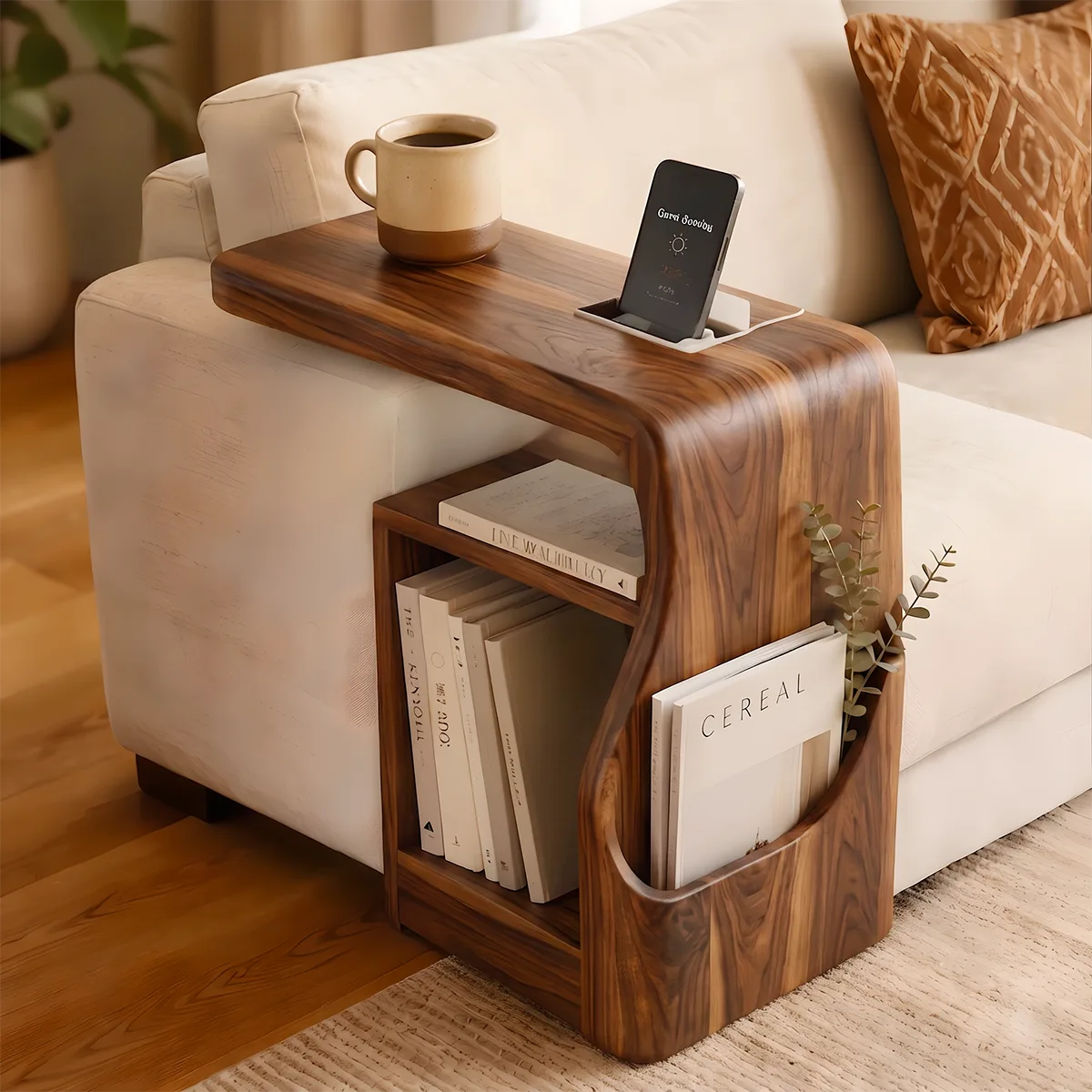 Modern Sofa End Table with Magazine Holder | C-Shaped Accent Table for Living Room HG021-3XHS8CE