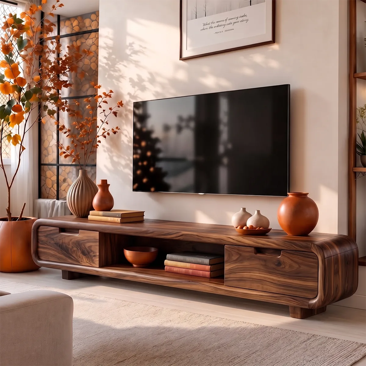 Modern Curved TV Stand with Enclosed Storage & Open Media Shelves TT006-2ORA2EF