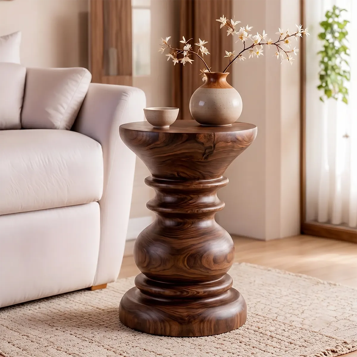 Sculptural Turned Wood Pedestal End Table | Round Accent Side Table TT006-1BIY6KO