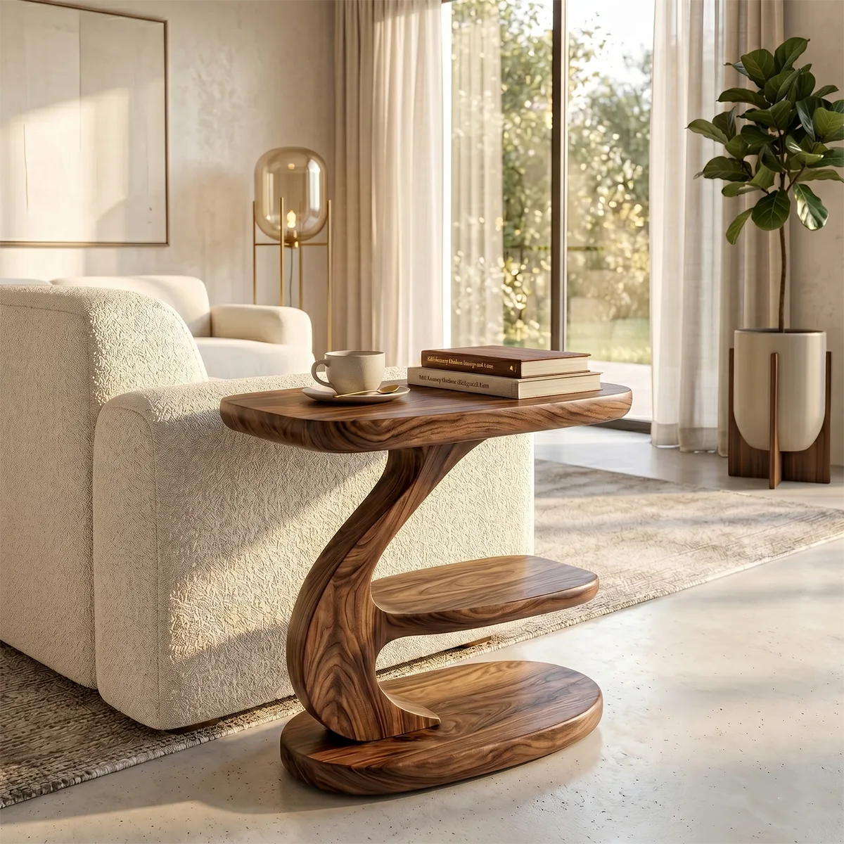 Modern Sculptural C-Shaped End Table with Multi-Level Storage TH003-7349
