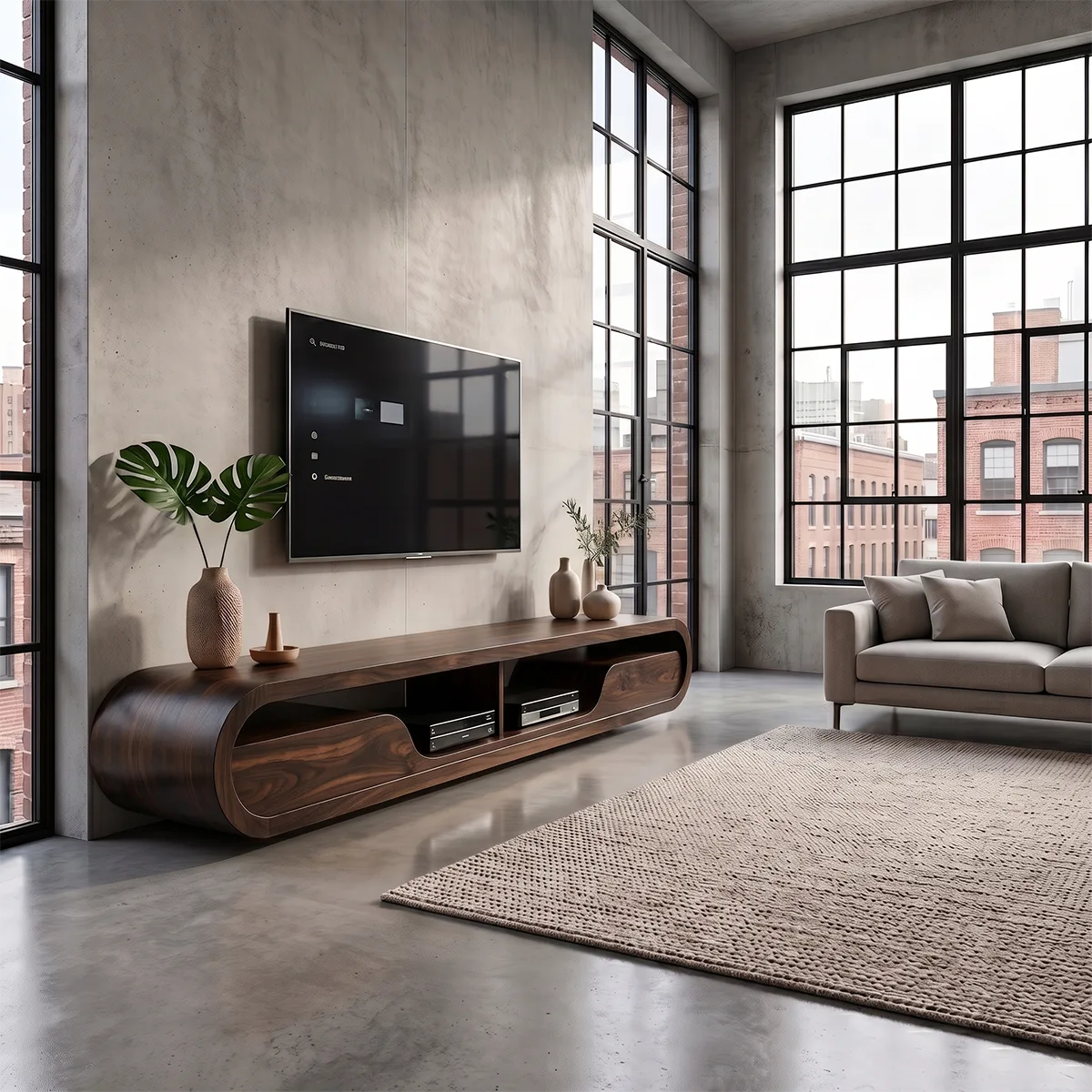 Modern Curved TV Stand with 2 Open Media Compartments | Sculptural Low Profile Console TT006-4KOT9JE
