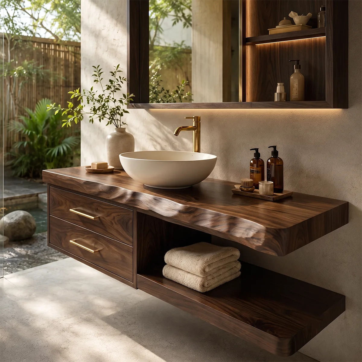 Floating Bathroom Vanity with 2 Drawers & Open Shelf | Organic Edge Modern Vanity TT006-9GFF3VU