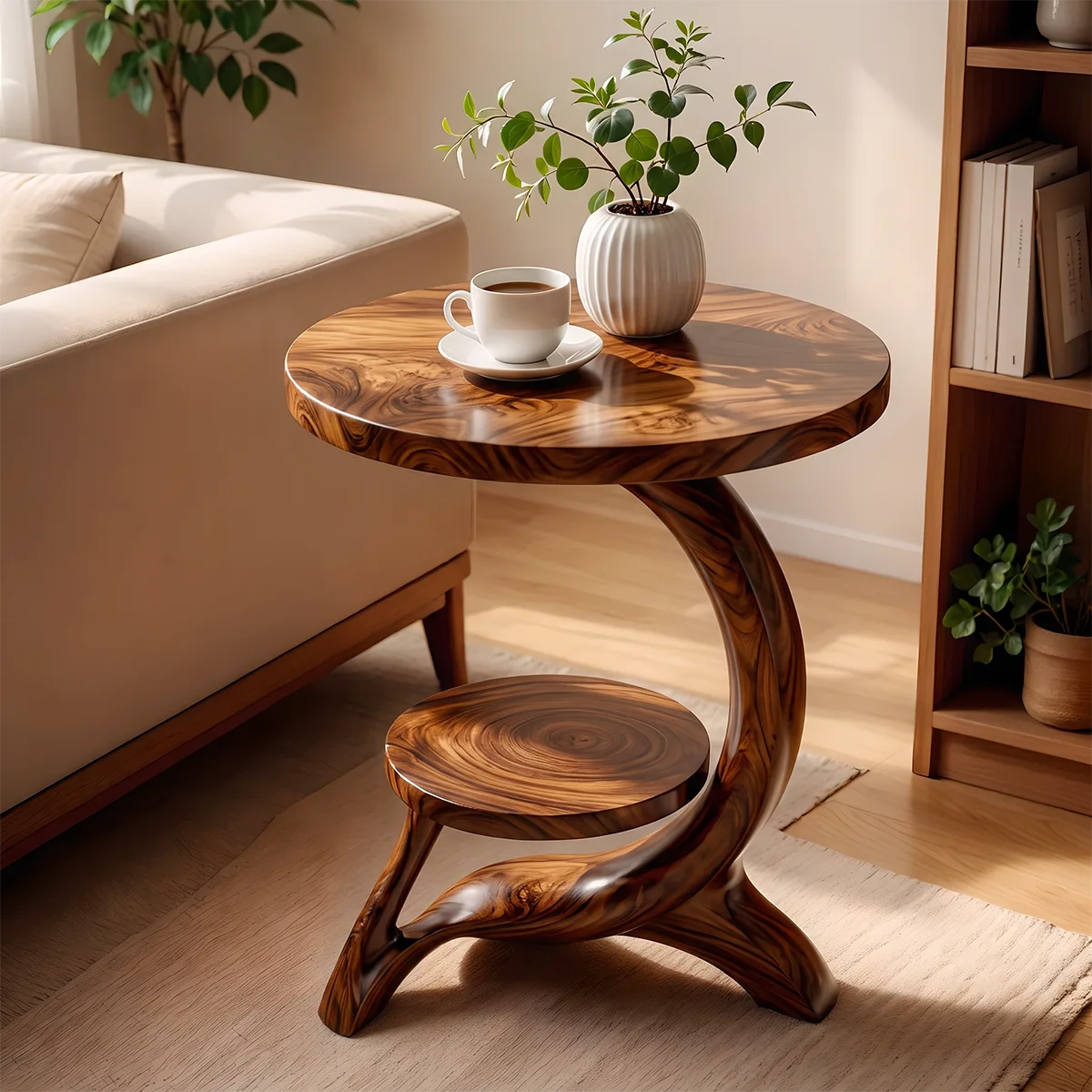 Modern Round End Table with Sculptural Base | Contemporary Accent Side Table with Display Shelf HG021-2HEU5KL