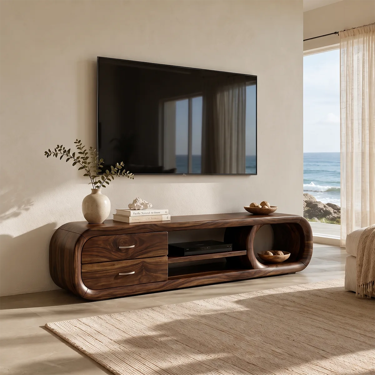 Modern Curved TV Stand with 2 Drawers & 3 Open Storage Areas TT006-8EDM7QK