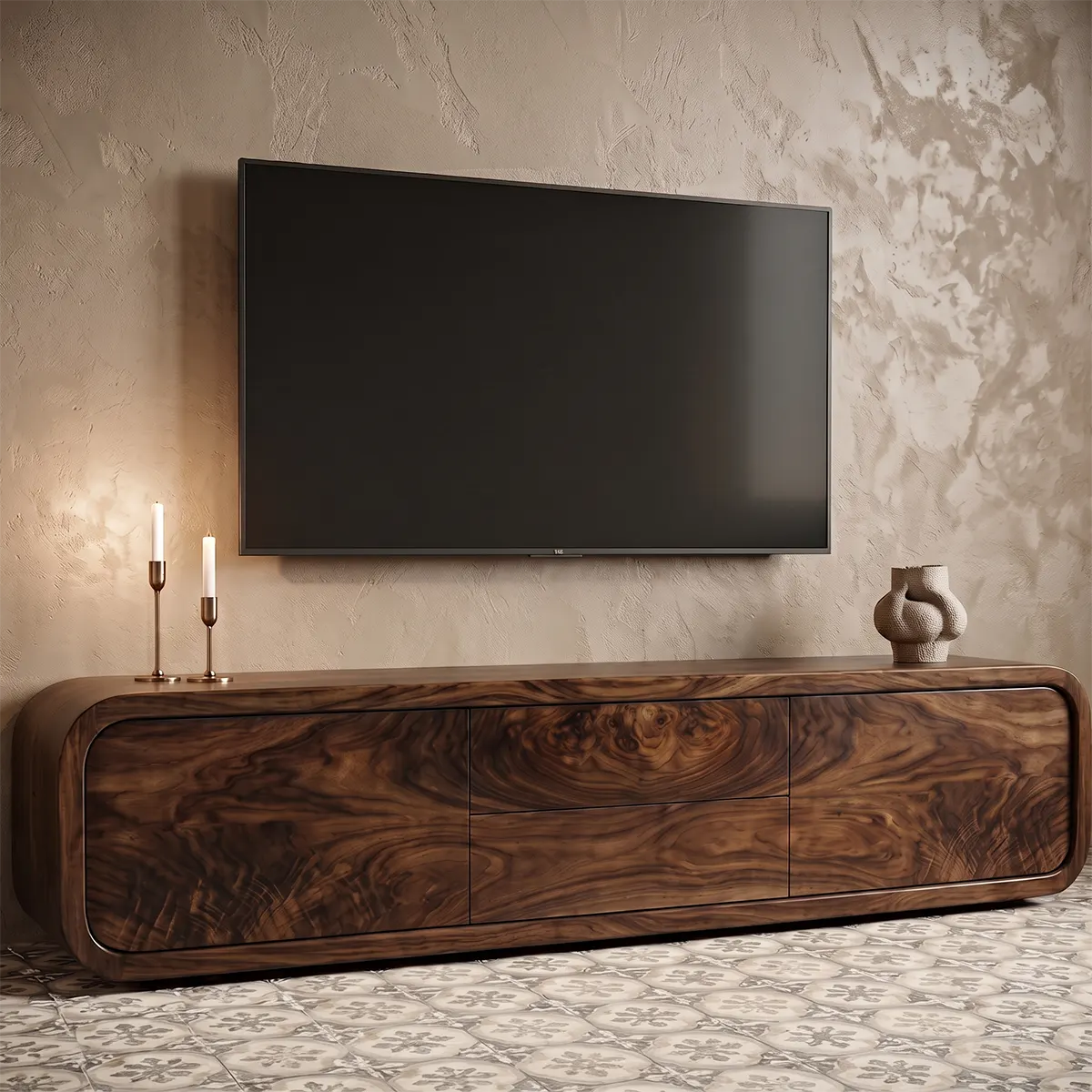 Modern TV Stand with 2 Drawers & 2 Cabinets | Rounded Organic Media Console TT006-6FSA9CR