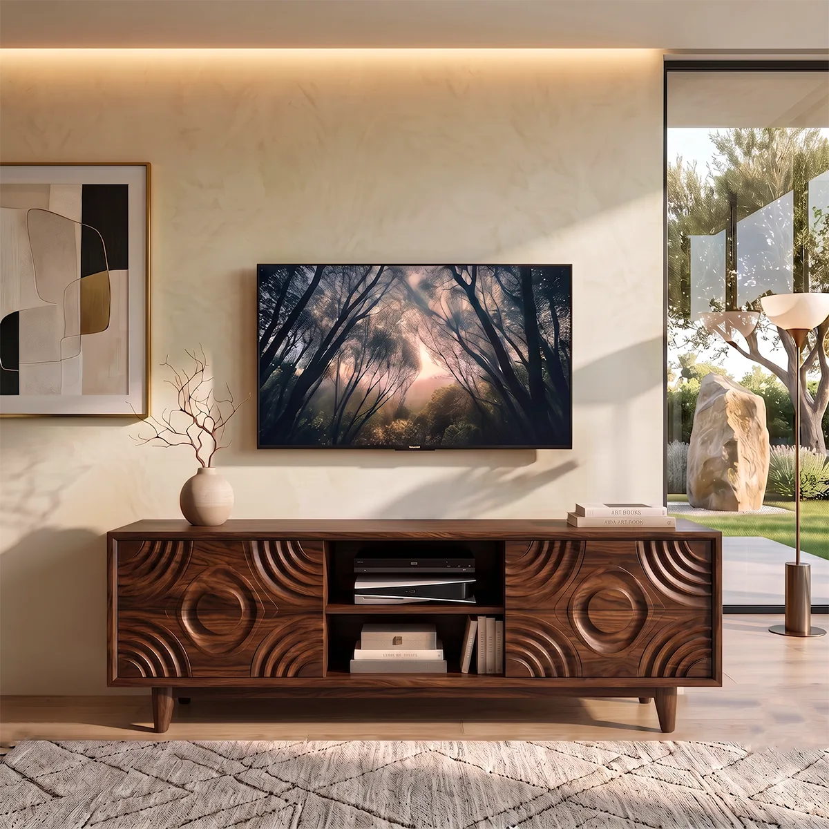 Geometric Carved Wood TV Stand with Drawers & Open Shelves | Modern Media Console HG021-4AVP4BD