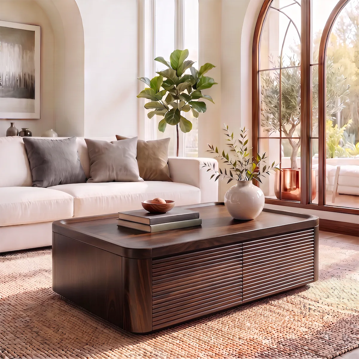 Fluted Coffee Table with 2 Storage Drawers | Modern Rectangular Center Table HG021-5QVK8NI