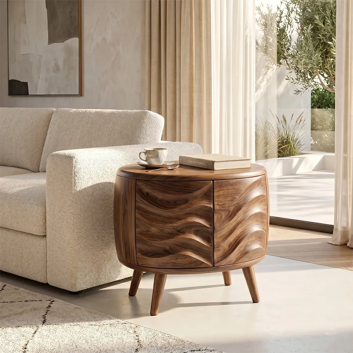 Round Accent End Table with Sculpted Front Panels and Concealed Storage TH003-7904