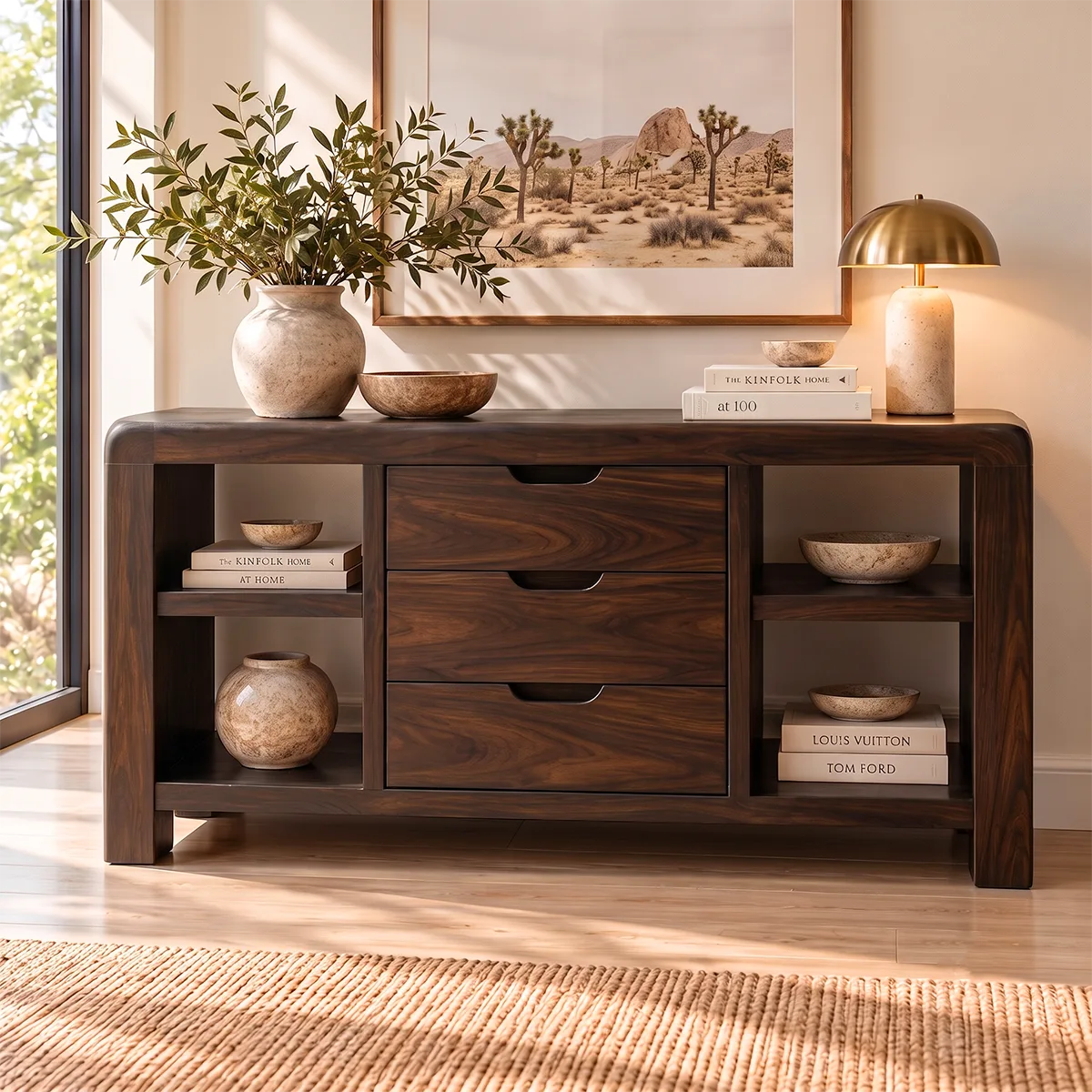 Modern Sideboard with 3 Drawers and 4 Open Shelves | Rounded Storage Console HG021-9VPB8MA