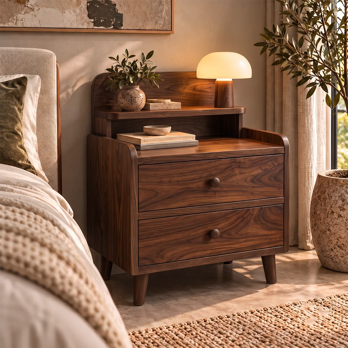 2-Drawer Nightstand with Open Shelf | Mid-Century Bedside Table with Raised Top HG021-8VLX2RD