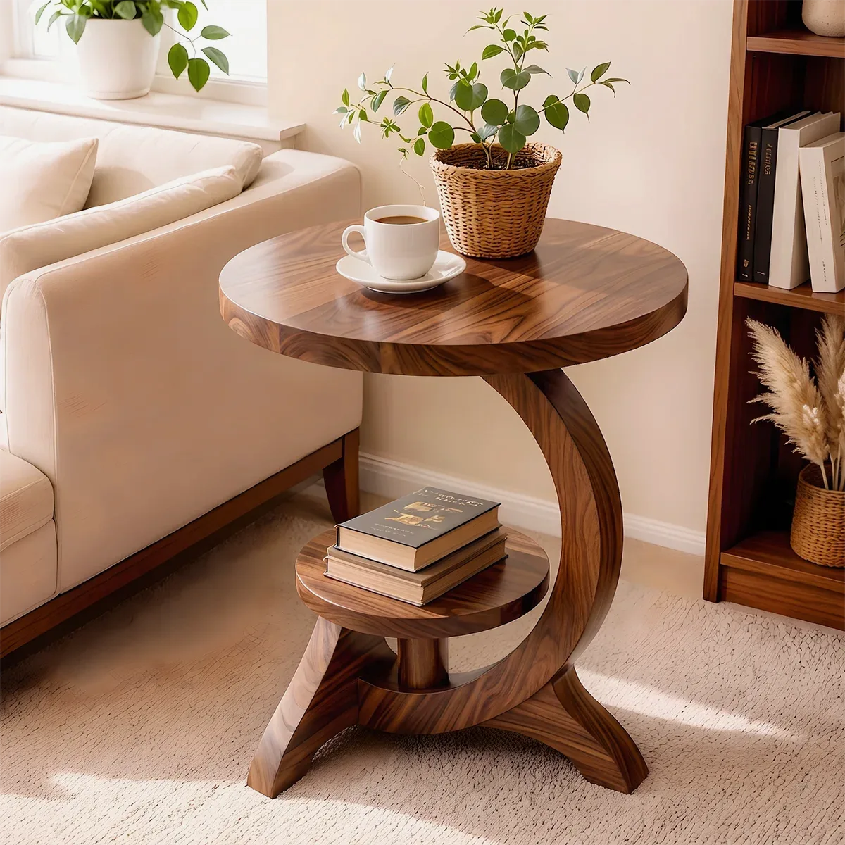 Modern Round End Table with Display Shelf | Sculptural Accent Side Table for Living Room HG021-6ZBM8JM