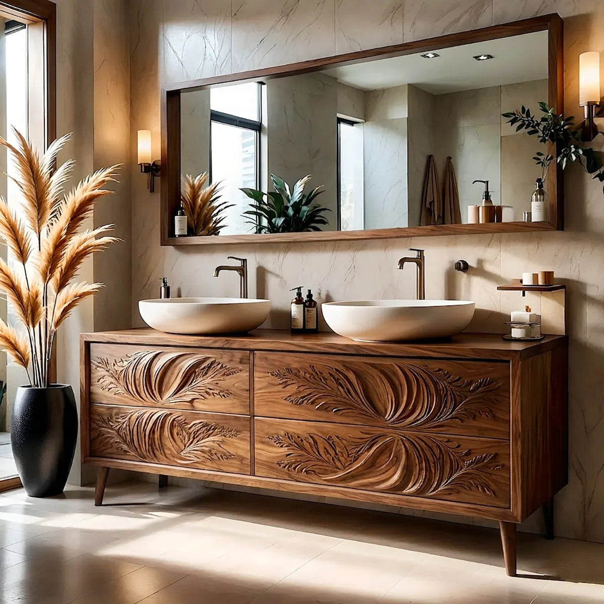 Floral Carved Double Vanity Cabinet for Modern Bathrooms HG021-1886