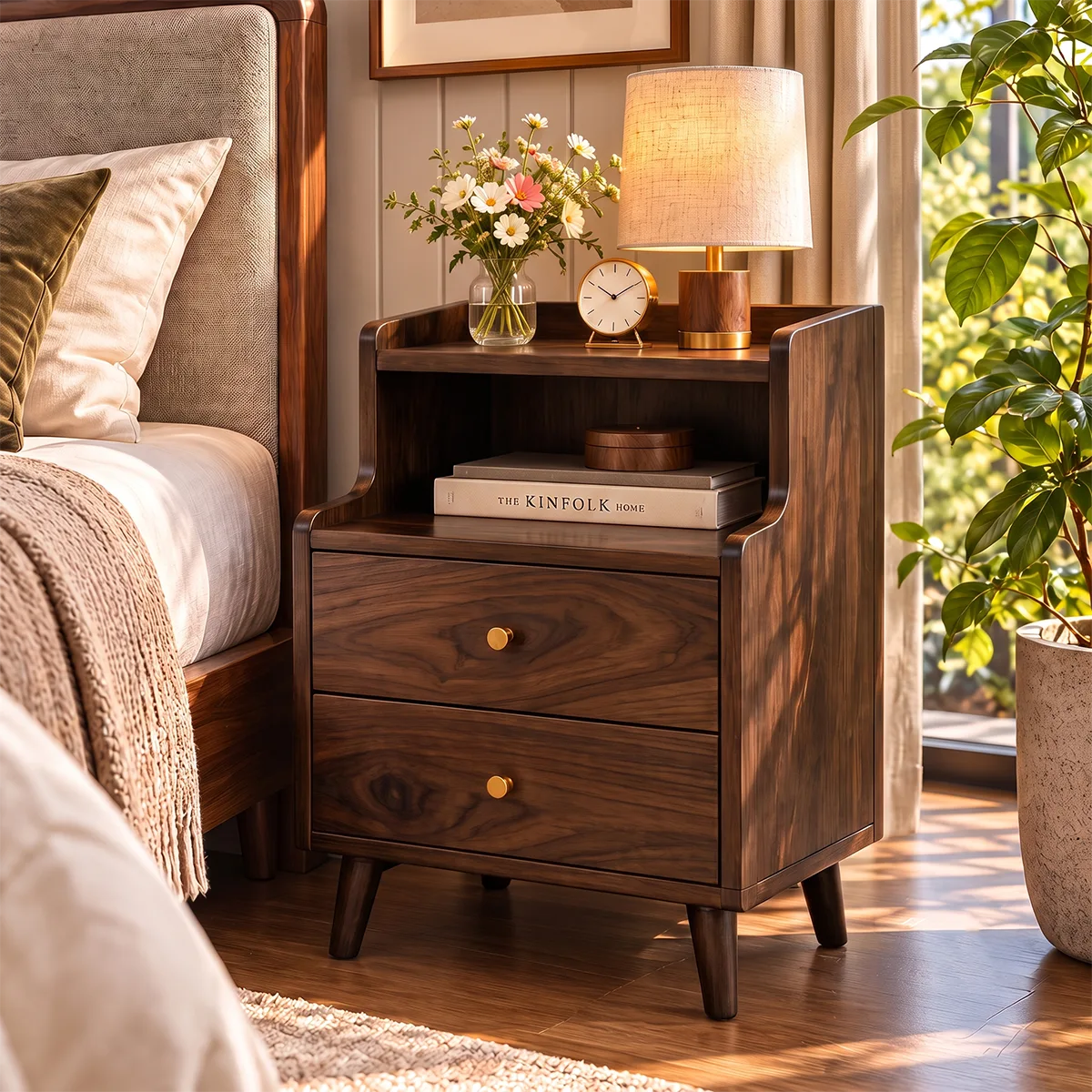 Modern 2-Drawer Nightstand with Open Shelf | Tall Bedside Table with Tapered Legs HG021-7TNK8GF