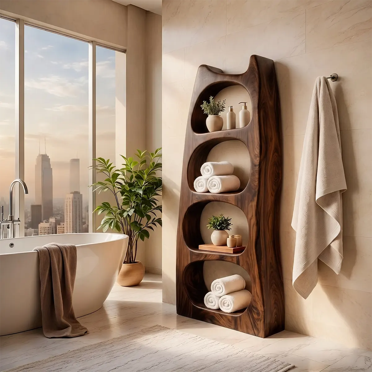 Tall Bathroom Storage Cabinet with Open Shelves | Sculptural Organic Modern Storage Tower TT006-3KAU7XR