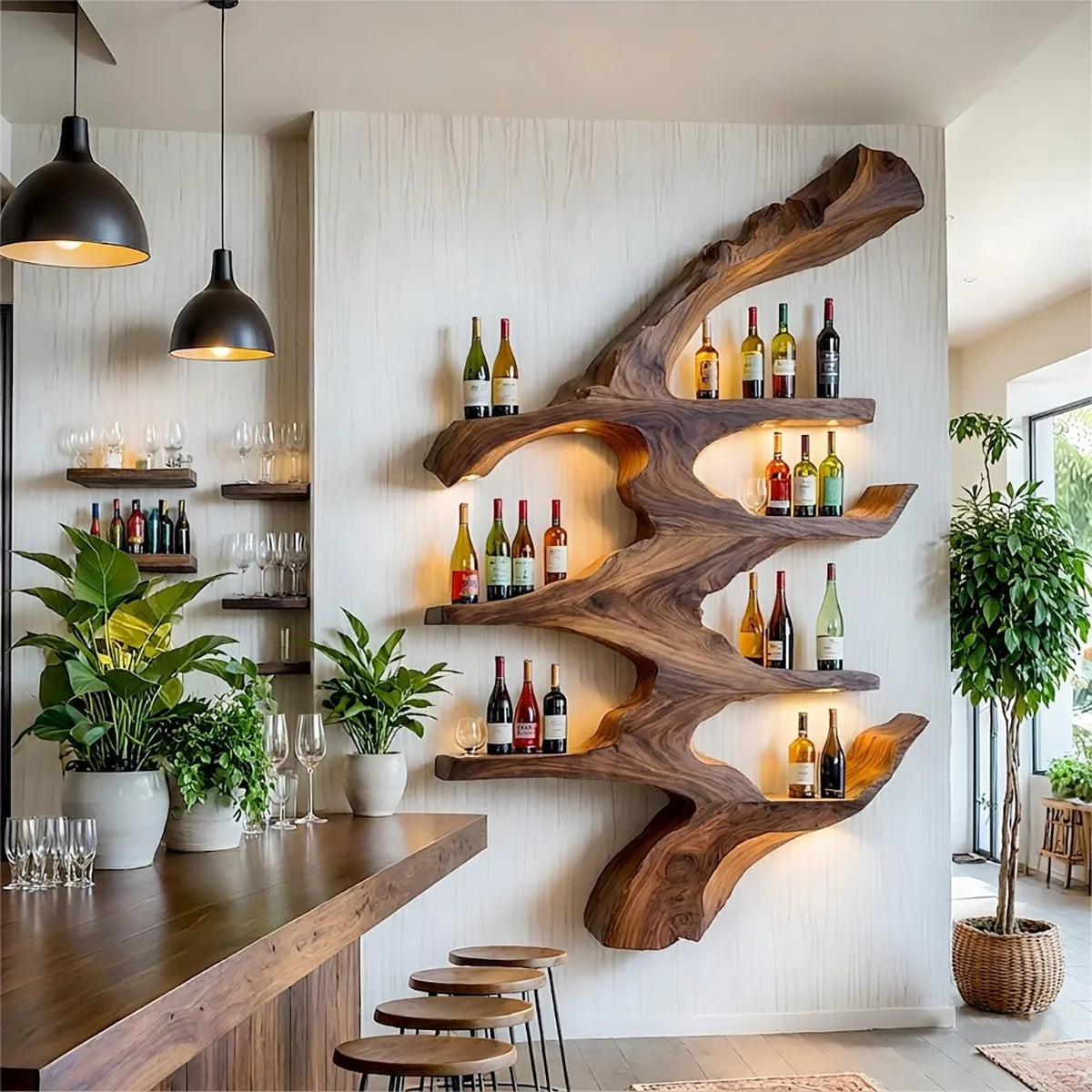 Sculptural Solid Wood Wall Wine Rack for Home Bars, Dining Rooms & Wine Lovers HG021-9667