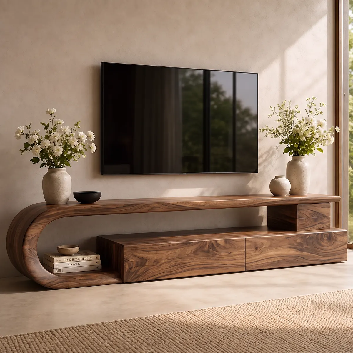Sculptural Curved TV Stand with 3 Drawers & Open Shelving | Modern Low Profile Media Console TT006-6ELT4UJ