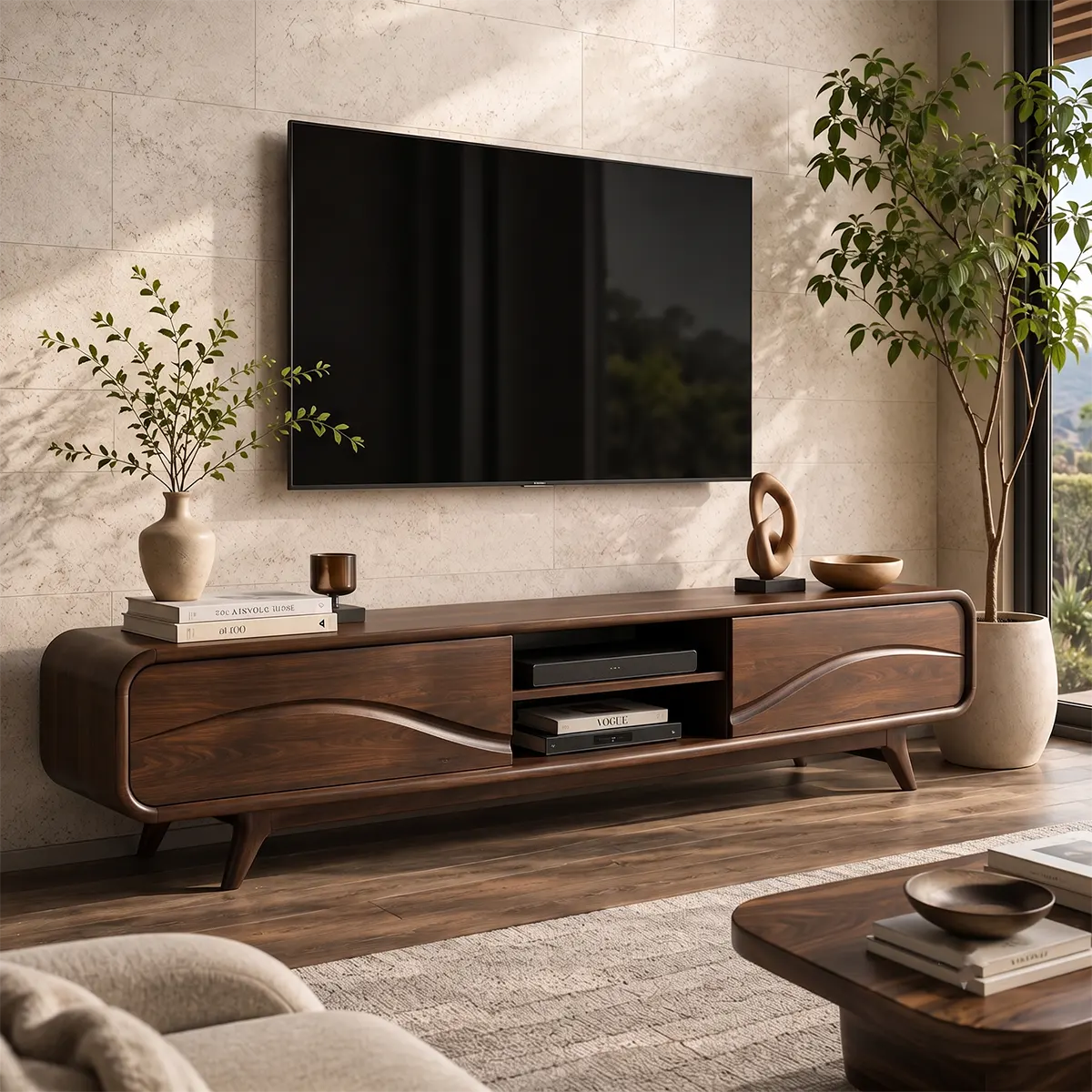 Modern TV Stand with 2 Open Shelves & Enclosed Storage | Sculptural Wave Media Console TT006-7PJS6KB