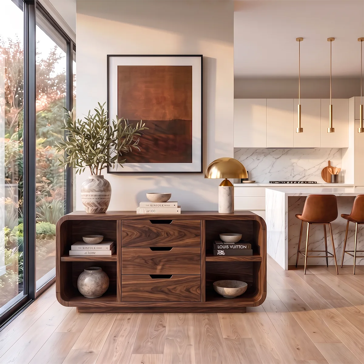 Rounded Sideboard with 3 Drawers and 4 Open Shelves | Modern Storage Cabinet HG021-1MUL6EE