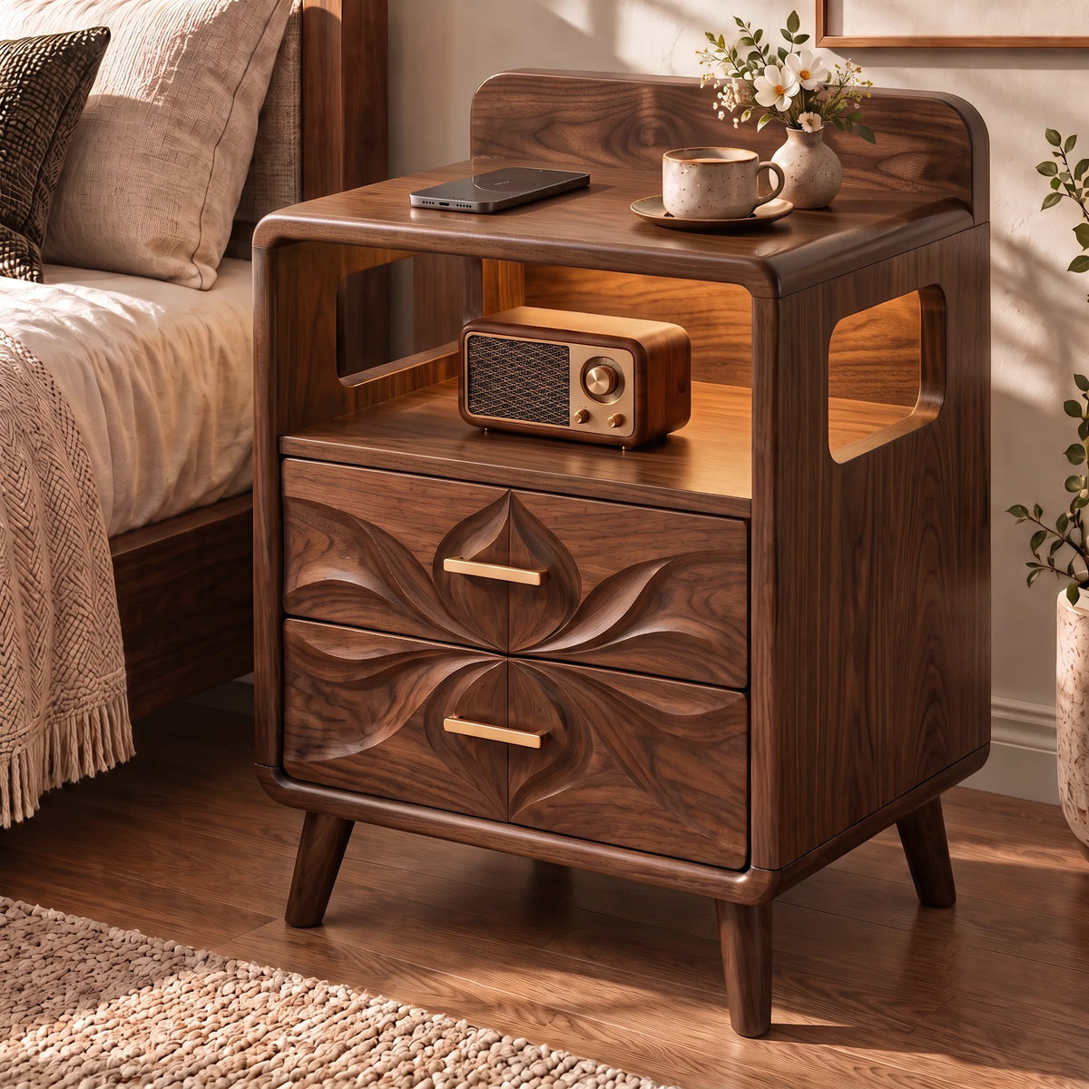 Sculptural Floral 2-Drawer Nightstand with Open Shelf | Carved Modern Bedside Table HG021-5NTU5QO