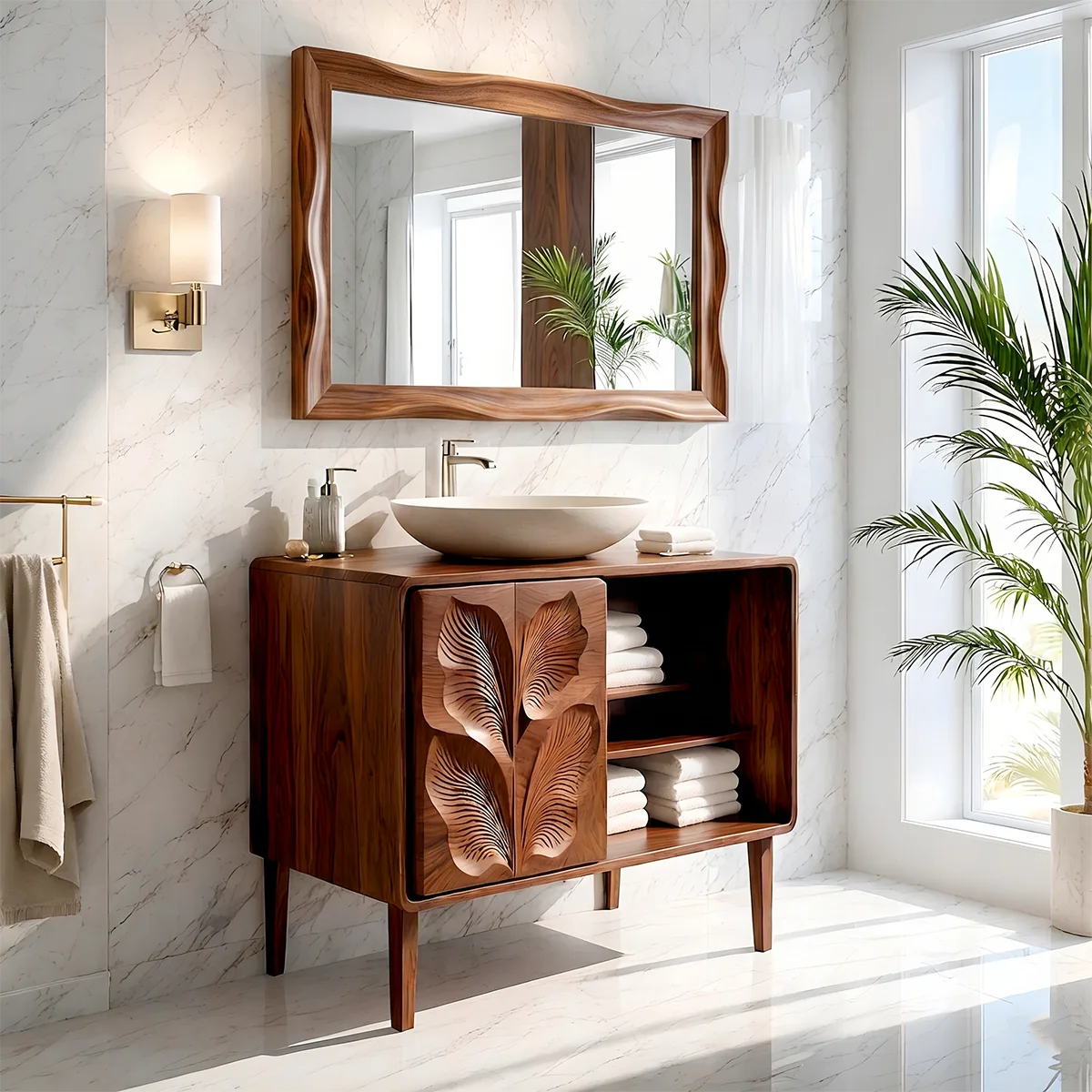 Leaf Carved Bathroom Vanity Cabinet with Open Shelving HG021-6447