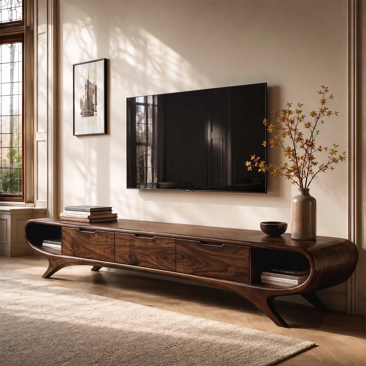 Modern Curved TV Stand with 3 Drawers & 2 Open Side Compartments TT006-3IYZ7XH