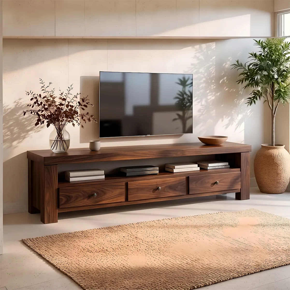 Modern TV Stand with 3 Drawers & Open Media Shelf | Rustic Wood Entertainment Console TT006-5YVS8FX